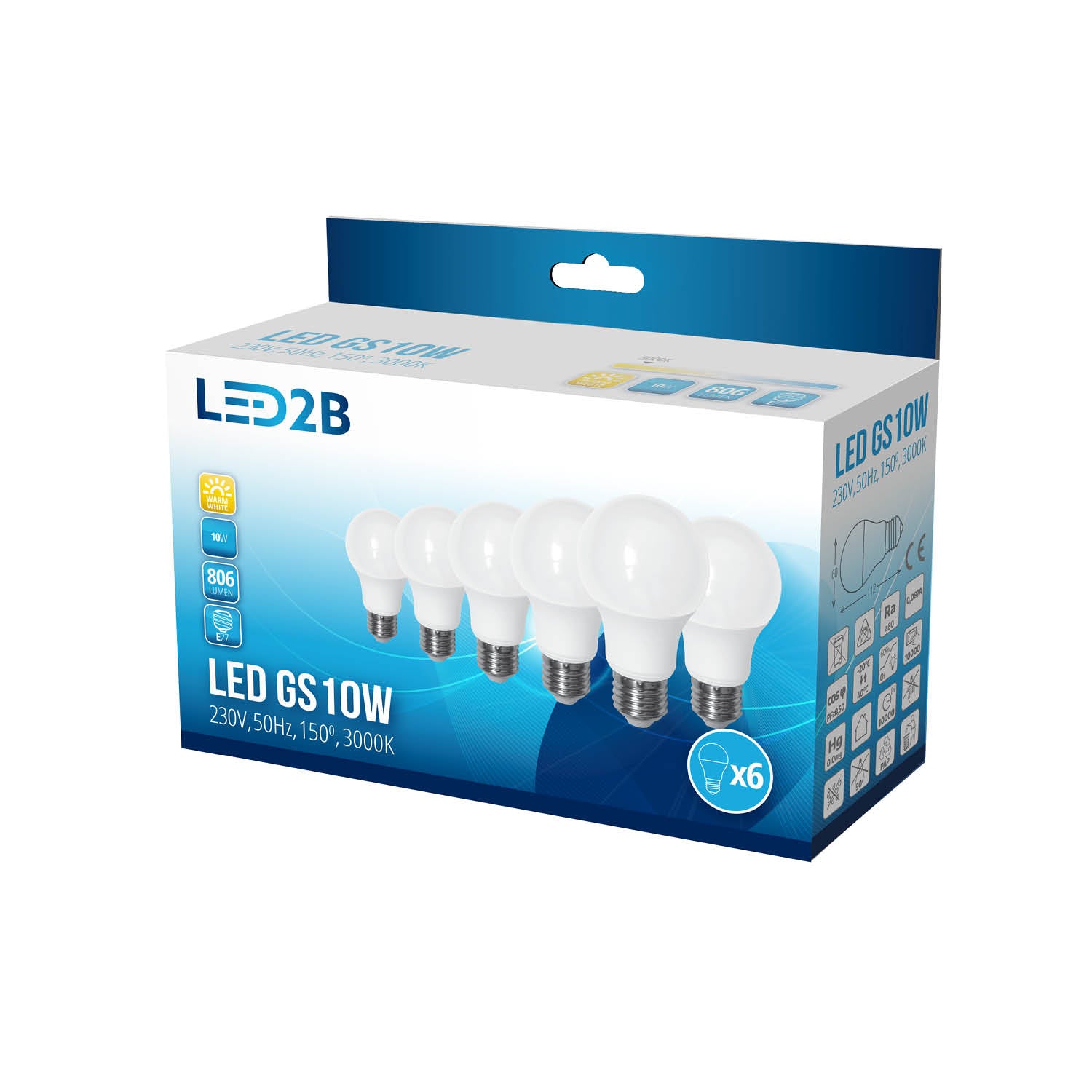 LED GS 10W E27 3000K LED2B 6PAK