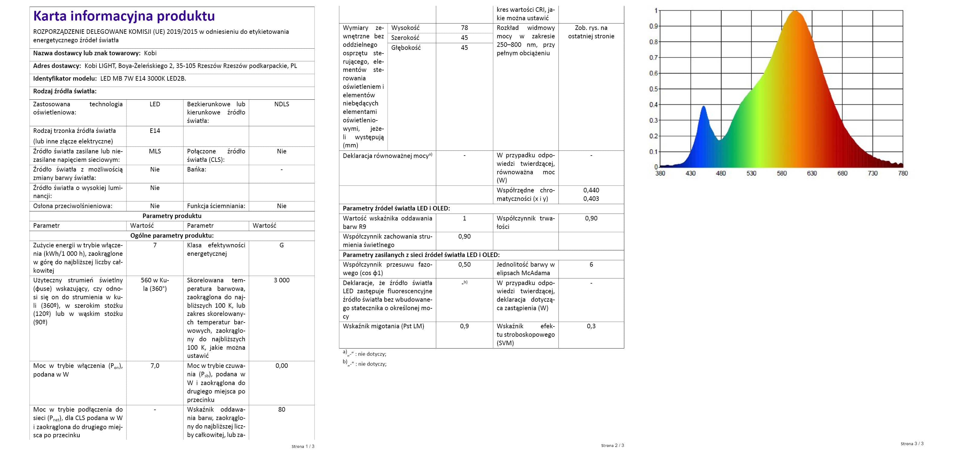 Żarówki LED MB 7W E14 3000K LED2B - karta informacyjna
