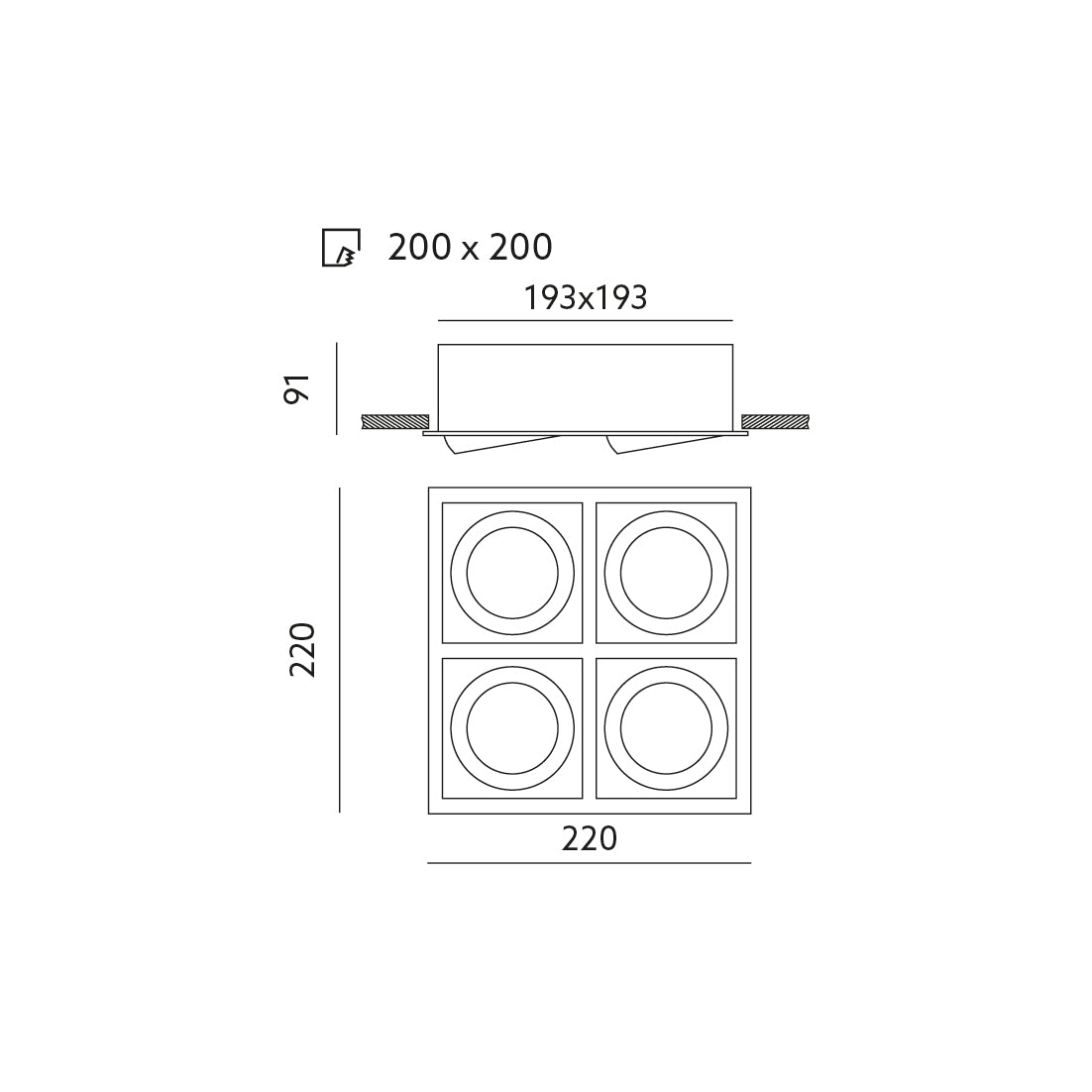 Oprawa do wbudowania OH44 SZARA wymiary