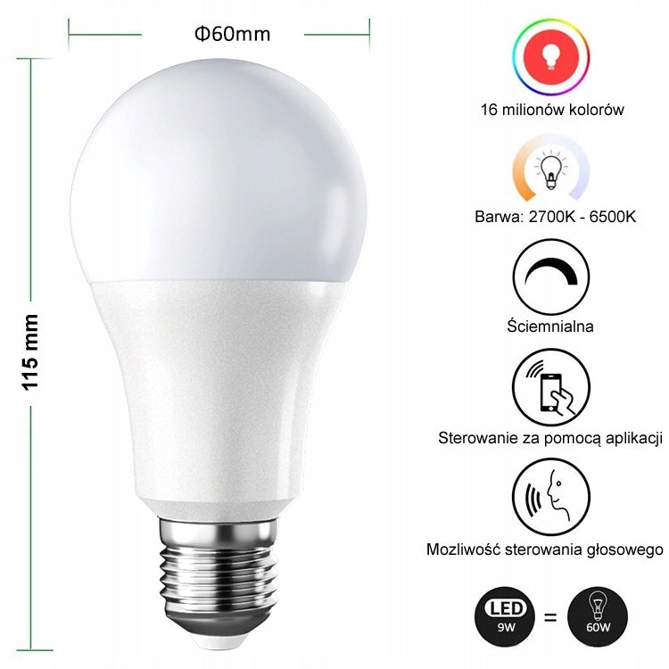 Inteligentna żarówka LED SMART sterowanie zdalne GS 9,5W E27 RGB WiFi TUYA